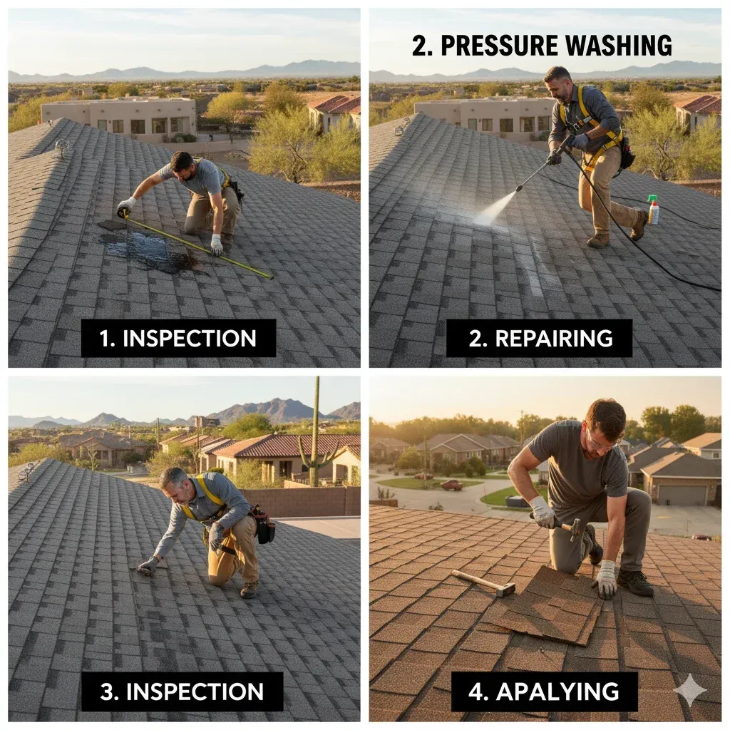 Step-by-step collage of roof restoration — workers performing inspection, pressure washing, repairing, and applying sealant,