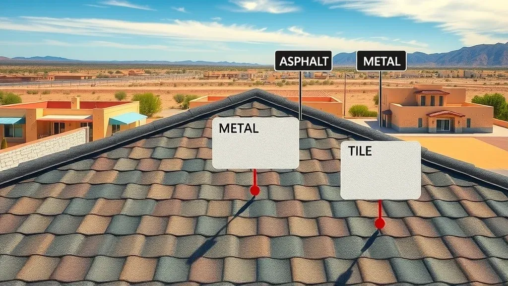 Infographic of roof sections showing color overlays for asphalt, metal, and tile material types, highlighting variations in repair and restoration costs in Loving New Mexico