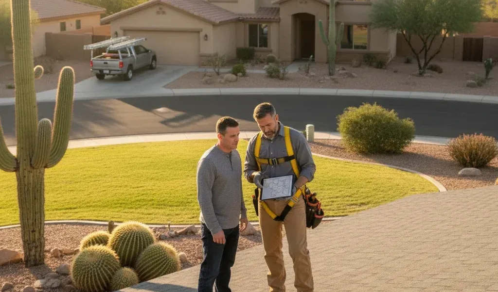 Realistic image of a homeowner discussing with a roofing expert in front yard —
