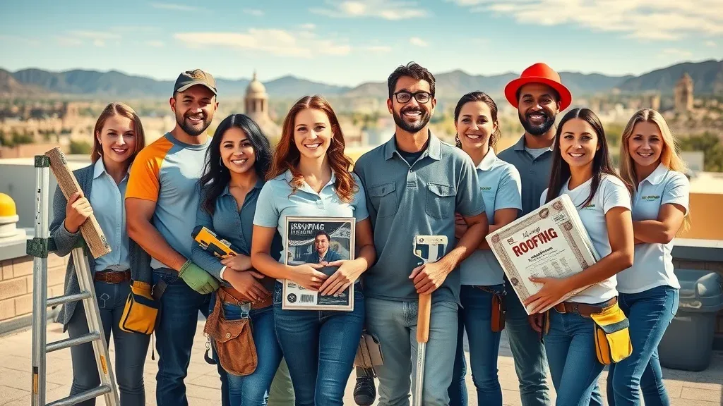 Friendly group of roofing professionals in branded gear with roofing tools on a rooftop in Loving, NM, demonstrating how labor cost and roof size affect project pricing
