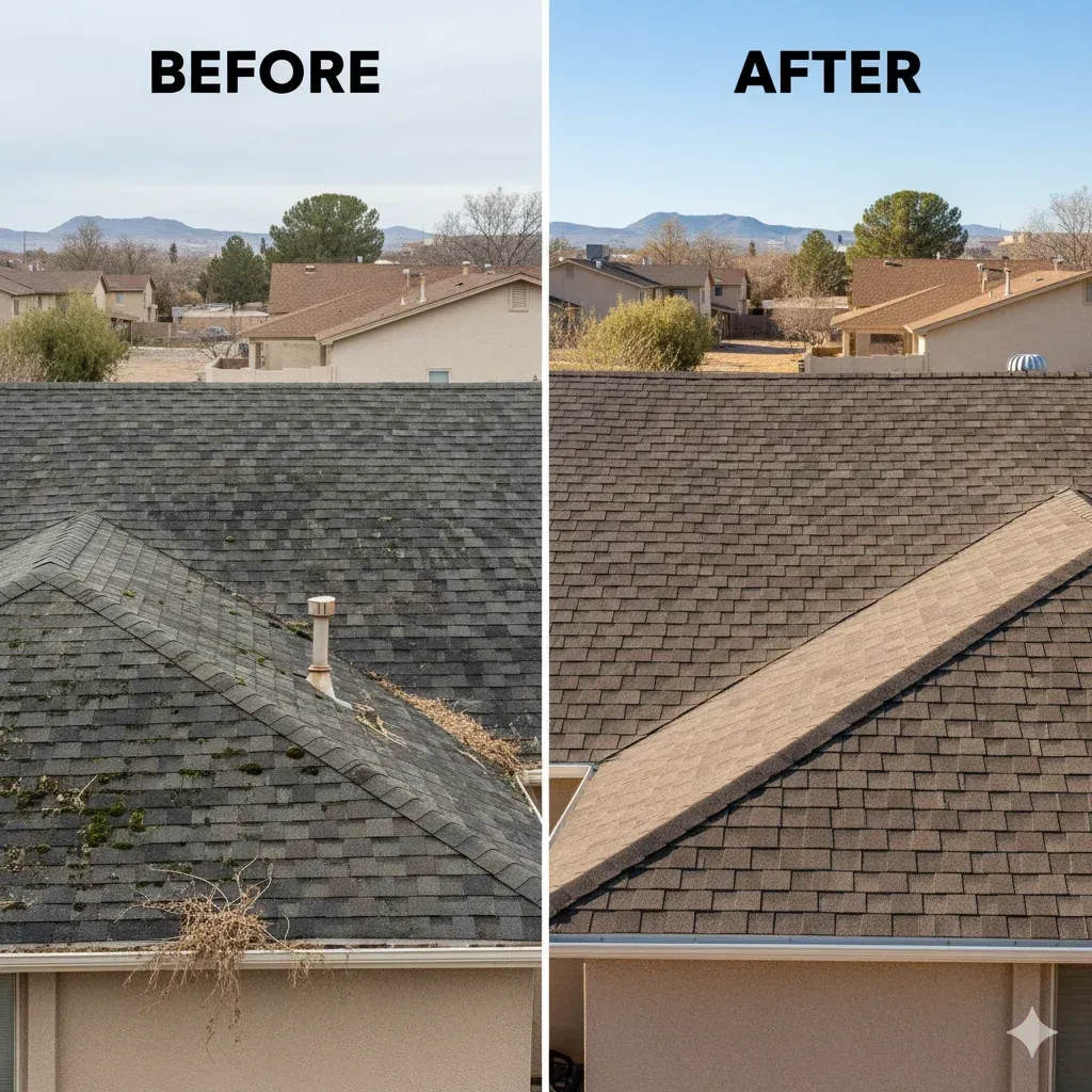 Split-image concept roof — informative, half showing a weathered roof and the other half with a restored, clean surface; styled as photorealistic, set in a residential Lovington NM neighborhood, featuring subtle weather changes like sun on the new side and storm clouds on the old, rendered with crisp details, realistic granule and metal textures, balanced color palette with natural lighting contrasts, shot with a wide angle lens at 24mm. Special Instructions: -Make sure faces, limbs, hands, and fingers are not disfigured and are positioned naturally -Do Not include text in the image