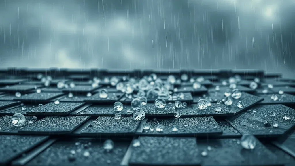 Closeup of roofing materials (shingles and metal) under Lovington NM hail and rainstorm, dynamic motion, rain and hail visible