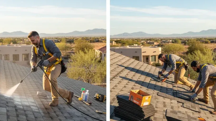 Roofing contractor comparison — focused, a side-by-side visual of a roof being restored by a professional on one side and a completely new roof installation on the other;