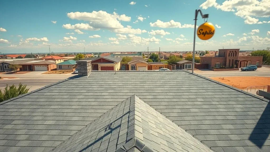 Modern home rooftop with restored shingle roof in Lovington NM suburban landscape, sharp details and earth tones under bright midday sunlight