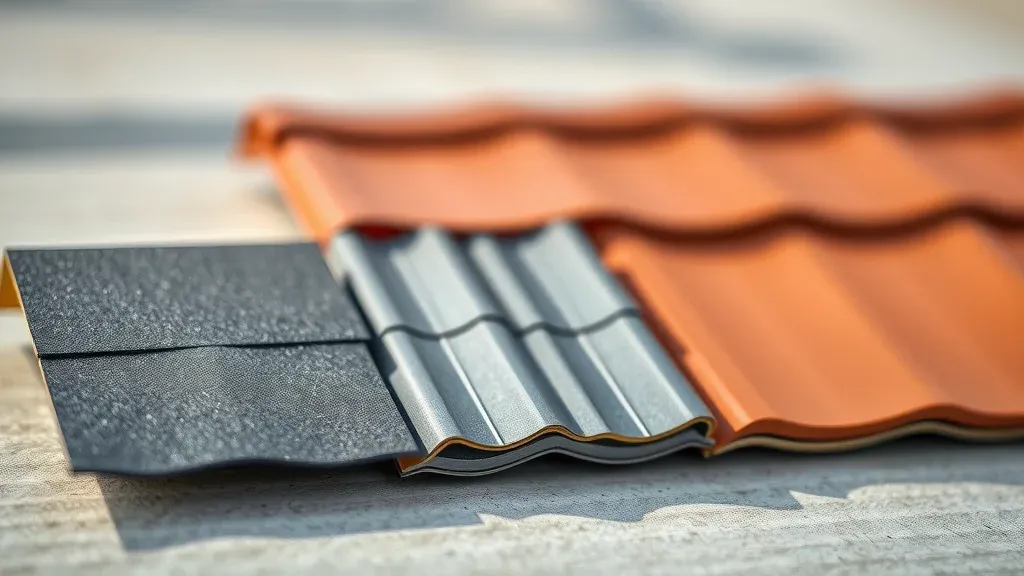 Icon-style lineup of shingle, metal, and flat roofing materials with clean lines, highlighting longevity post-restoration