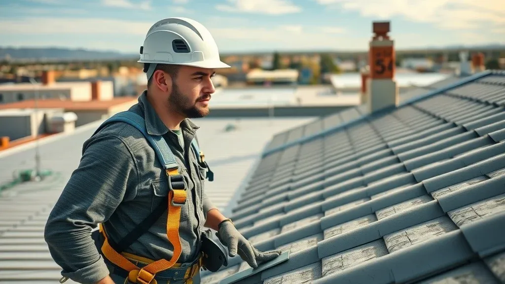 Professional roofer with safety gear performs residential roof inspection in Lovington NM, visible gutters and clean rooftop, morning light