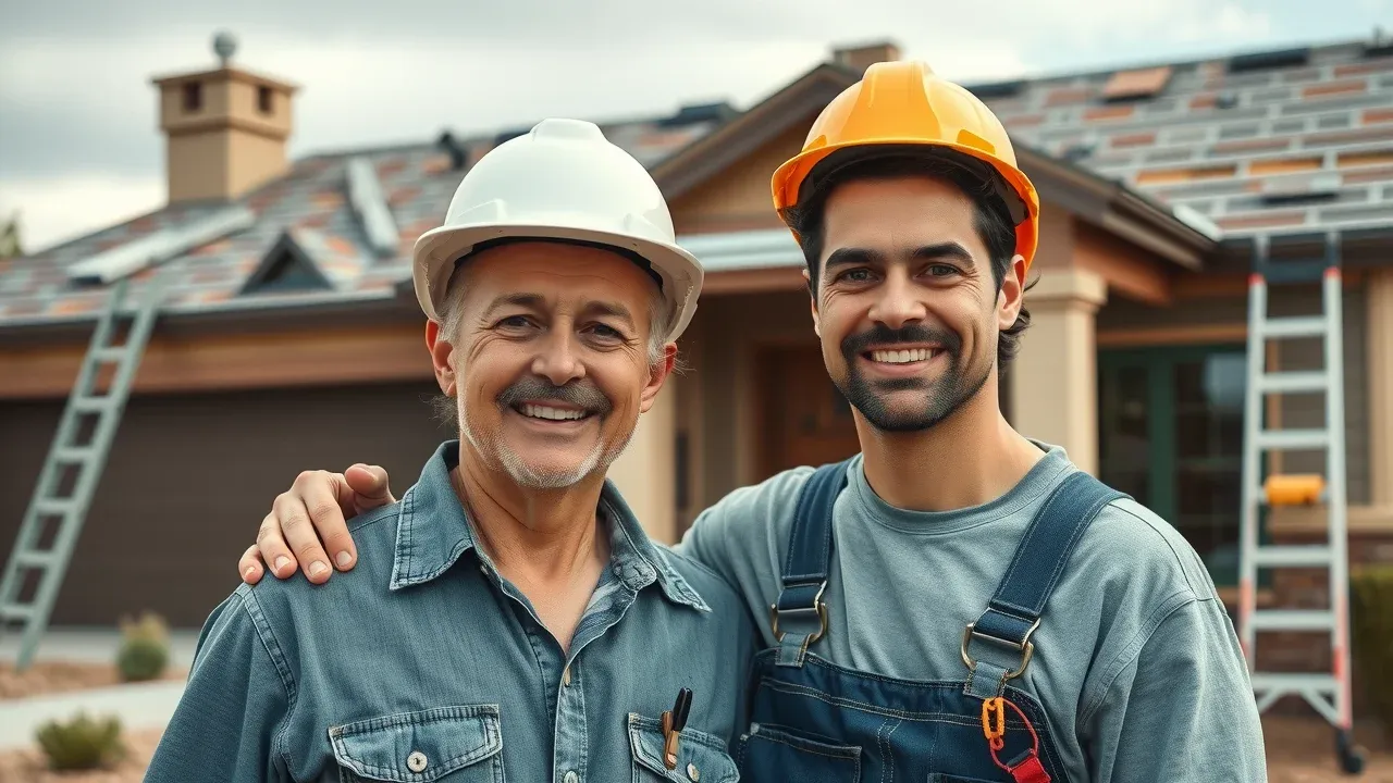 Roofing contractor shaking hands with Carlsbad NM homeowner for reliable roof replacement process, ladder and equipment in background