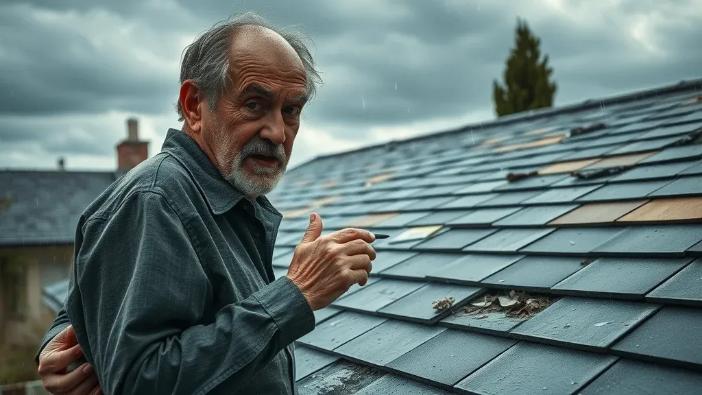 Storm-damaged shingle roof in Carlsbad NM with homeowner and visible rain and water stains, post-storm damage
