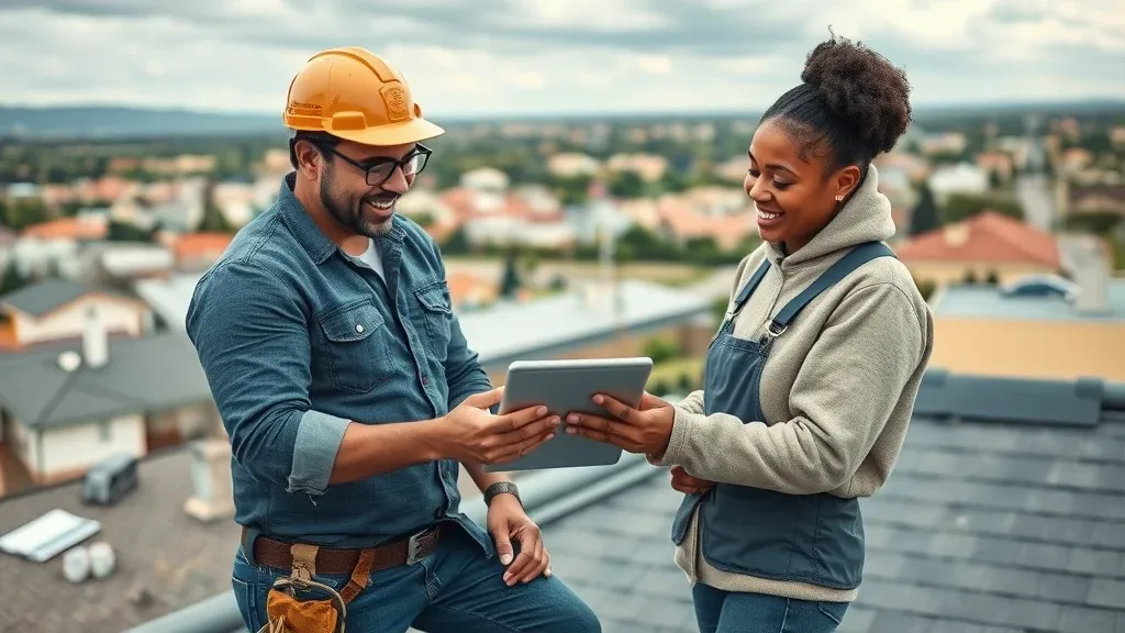 Professional roofing contractor team consulting and documenting repairs atop Roswell NM roof - professional roofing services maintenance tips