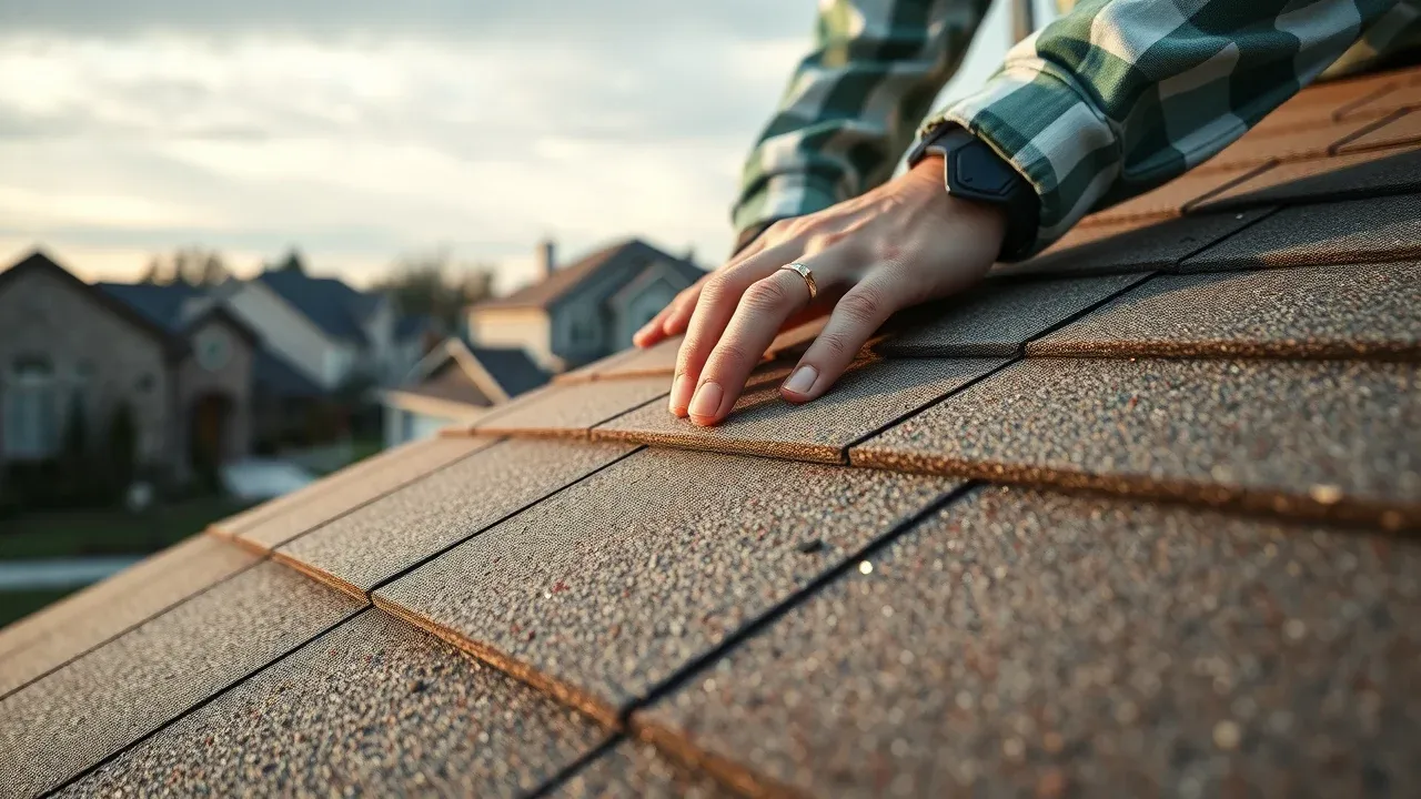 Detailed roof surface close-up, homeowner examining shingles for wear in Roswell NM - roof inspection roof maintenance