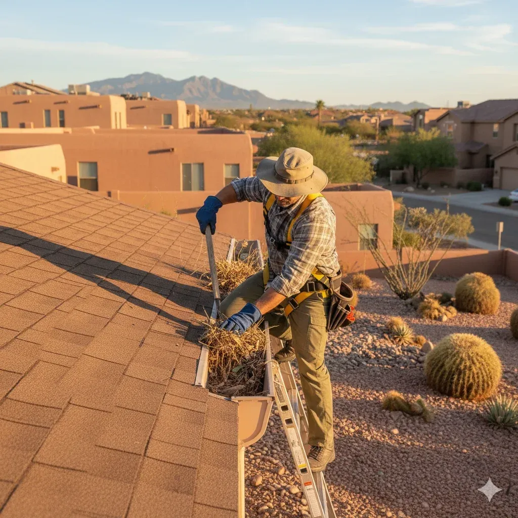 safety-conscious worker using gloves and tool to clean gutters, styled as photorealistic set on a slope roof in Roswell NM, background showing a yard with desert landscaping and tumbleweeds,