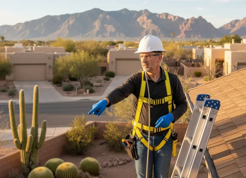Well-equipped DIYer on safe ladder — Focused, careful expression, homeowner using proper safety gear and basic tools to inspect roof edge, styled as photorealistic set in a residential area with distant mountains and cacti, featuring gloves, helmet, and safety harness,