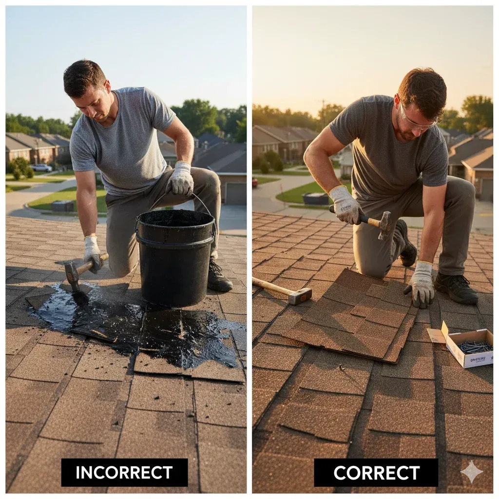 Incorrect vs correct roof repair demonstration — Instructive, neutral emotion, split scene showing side-by-side comparison: one person using wrong materials, another using proper products, styled as photorealistic set on a shingle roof with tools and materials in clear view, featuring subtle motion: hand mid-fix, dust flying, rendered with crisp contrast and detail, highlighted in contrasting earth and warm tones