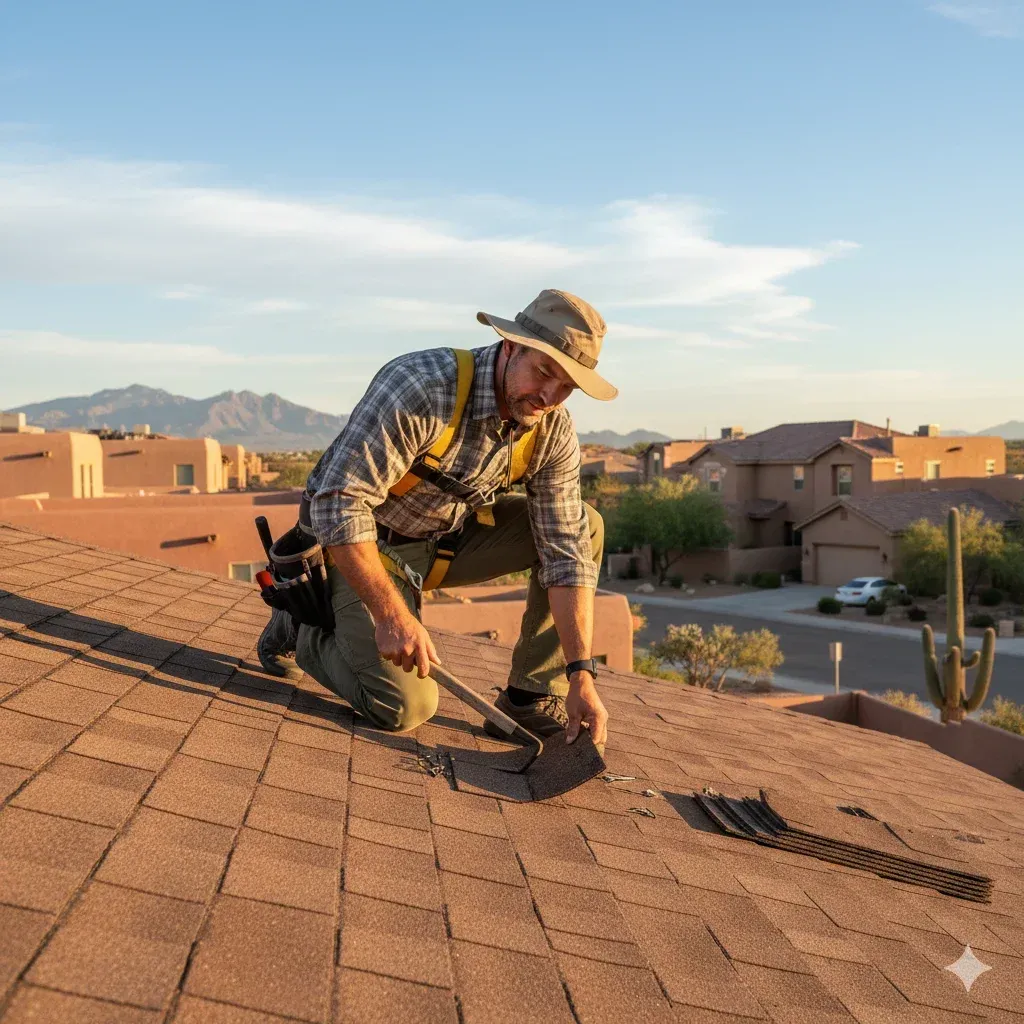 Professional roofing contractor on a sloped shingle roof — 