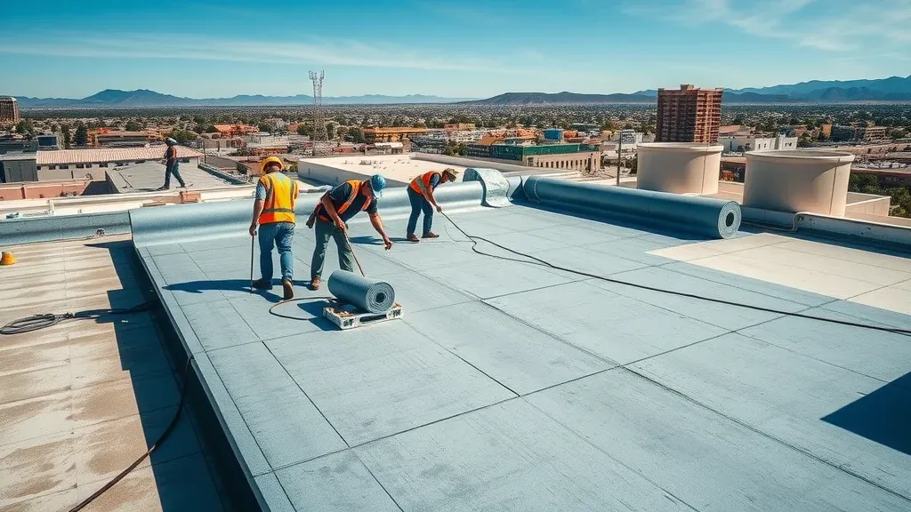 Commercial roofing team applying new materials to flat roof in Las Cruces NM with cityscape and mountains, mountain roofing experts in action
