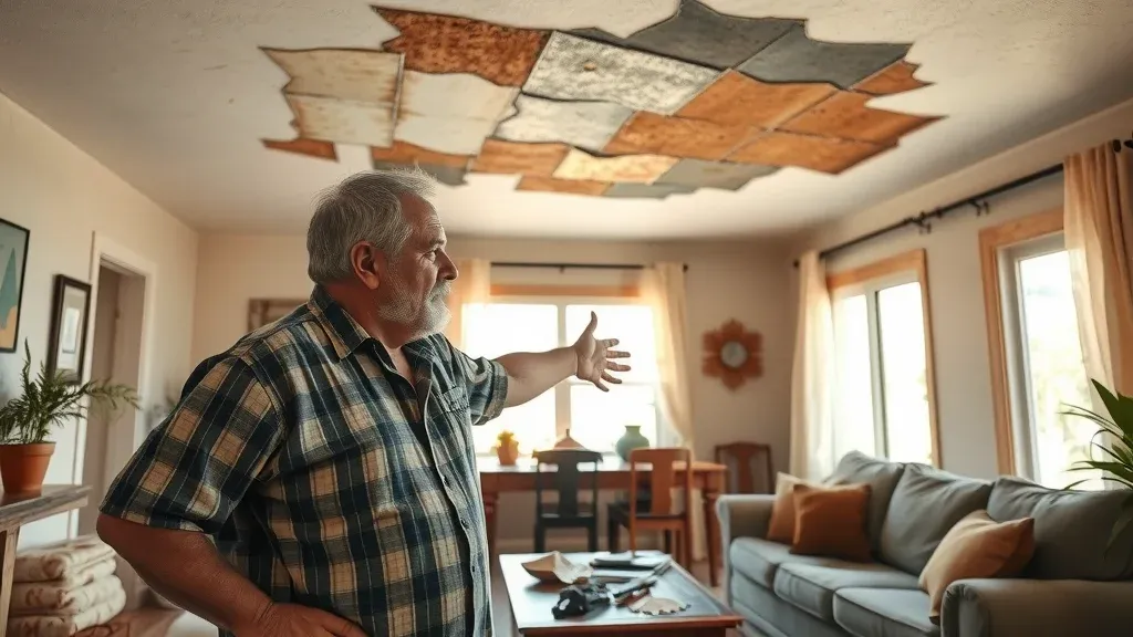 Homeowner points to water stain on ceiling under damaged shingle roof in Las Cruces NM, prompt roof repair by best roofing contractors