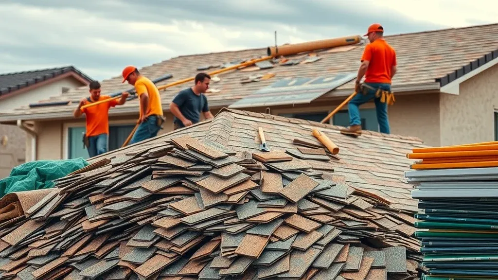 Roof replacement in progress by Las Cruces roofing contractors, crew removing old shingles and installing new roof