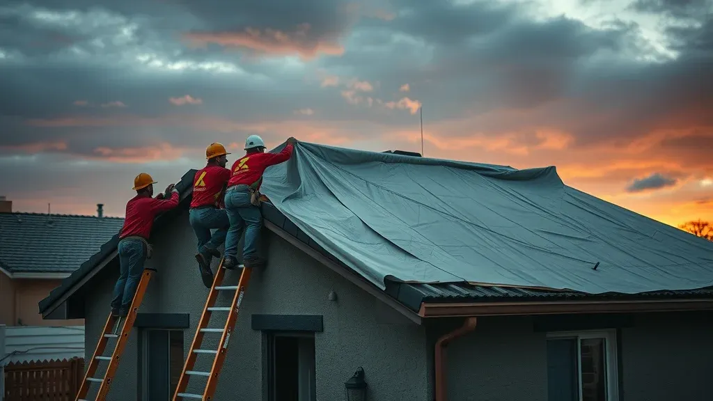 Emergency roofing crew quickly tarping storm-damaged roof in Las Cruces NM with stormy skies, your best roofing contractors on call