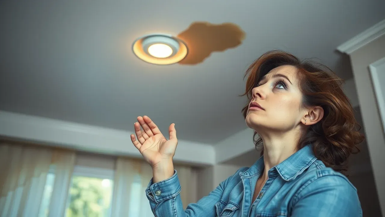 Dramatic storm over a suburban Carlsbad New Mexico neighborhood, worried homeowner looking up at ceiling noticing a water stain, evidence of roof leak, rain hitting roof, photorealistic, cozy living room.