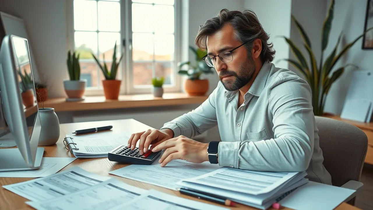 Home office desk with calculator, roofing contract, tablet showing roof leak repair costs in Carlsbad New Mexico.