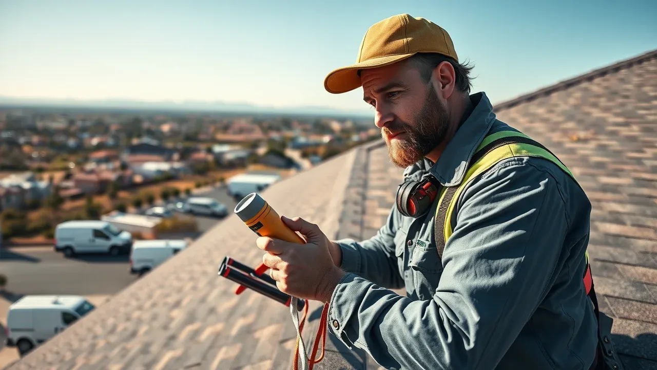 Experienced roofer in uniform conducting a roof inspection using flashlight and moisture meter, on Carlsbad New Mexico rooftop, sharp realism.