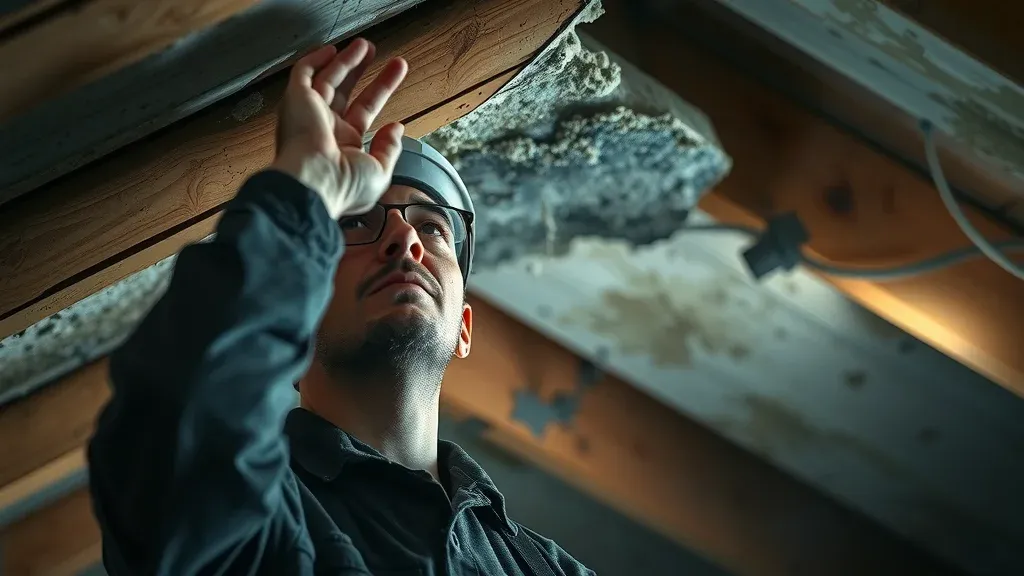 Professional roofer inspecting moldy, water-damaged attic ceiling, touching visible leak area, photorealistic, unfinished attic, visible water stains and mold patches, Carlsbad New Mexico roof leak emergency repair.