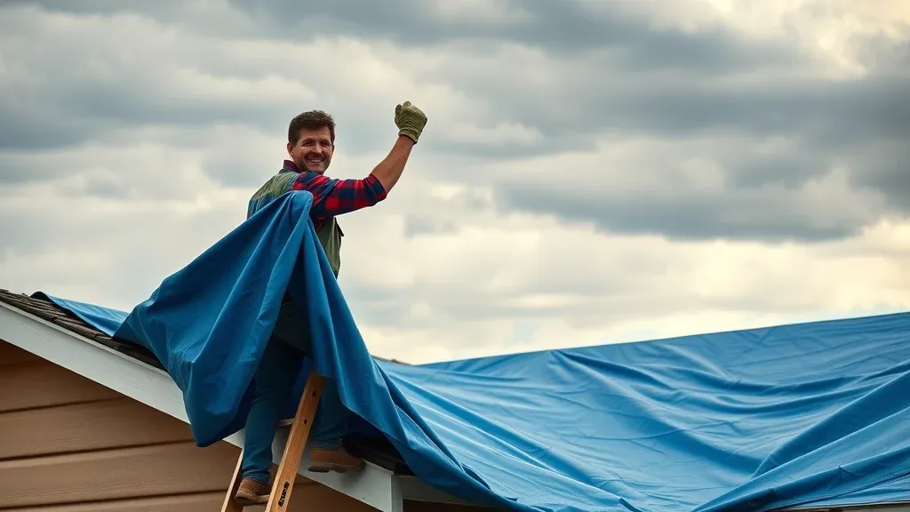 Homeowner on ladder securing blue tarp over leaking roof after storm in Carlsbad New Mexico, emergency roof leak repair.