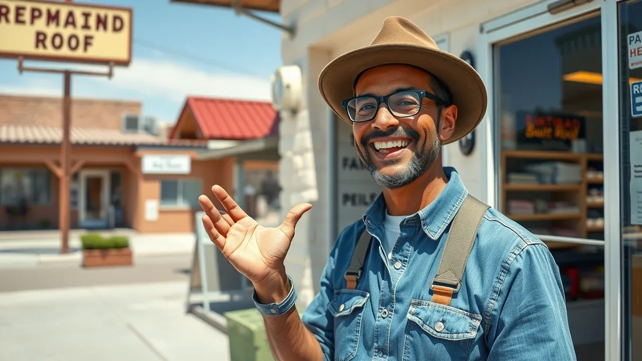 Satisfied small business owner in Carlsbad New Mexico outside recently repaired shop, new roof patch visible, emergency repair success.