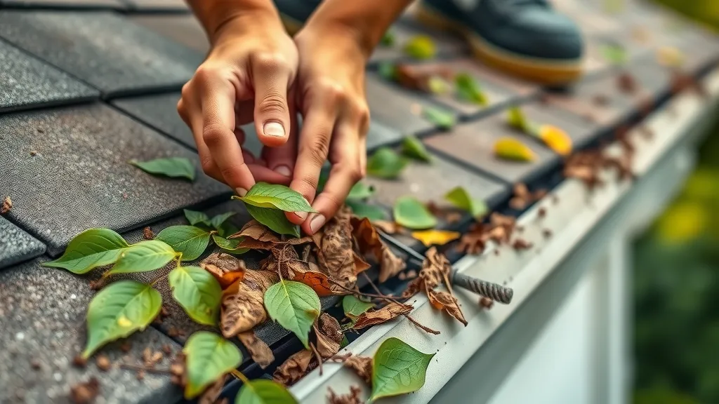 Hands cleaning debris from roof gutters in Rosewell — routine roof maintenance detail