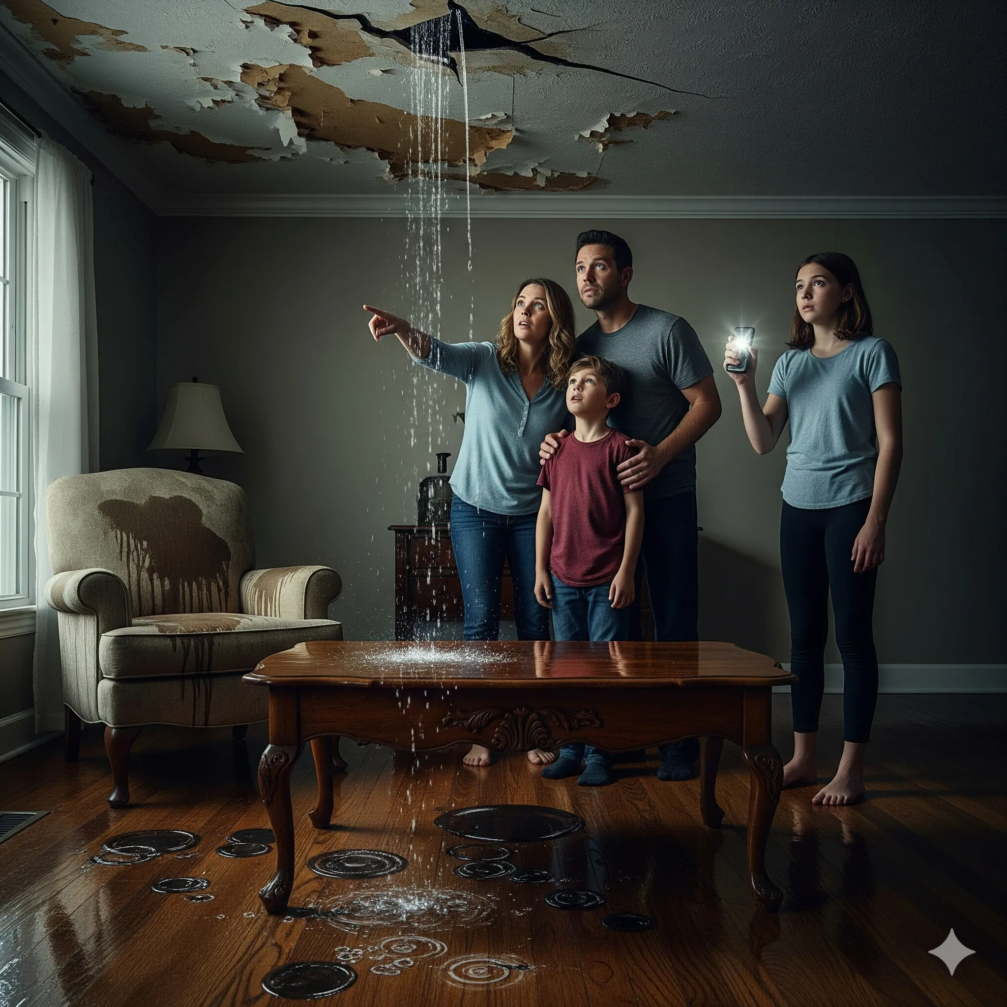 Close-up of cracked shingles and clogged gutters on Ruidoso roof, photorealistic, showing causes of roof leaks, standing water, overcast sky