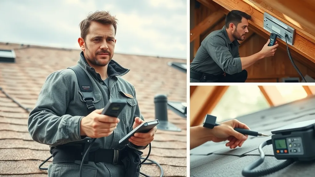 Roofing technician using advanced tools for leak detection and inspection on residential rooftop, showcasing moisture meter and repair equipment.