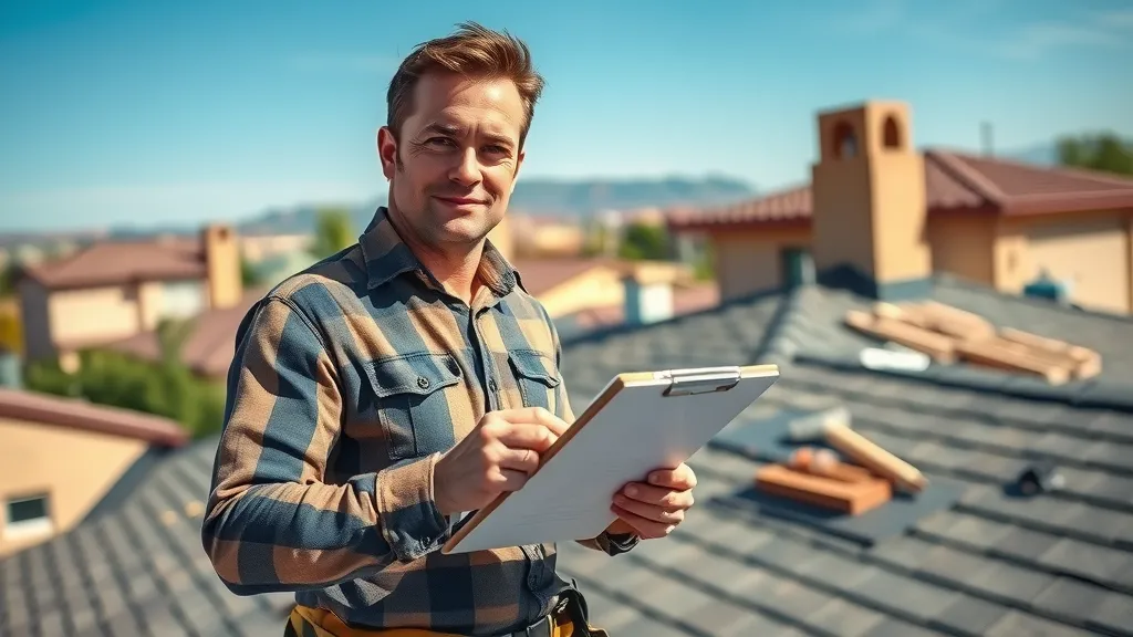 Confident friendly roofer inspecting shingles for loving roof repair contractors in New Mexico neighborhood