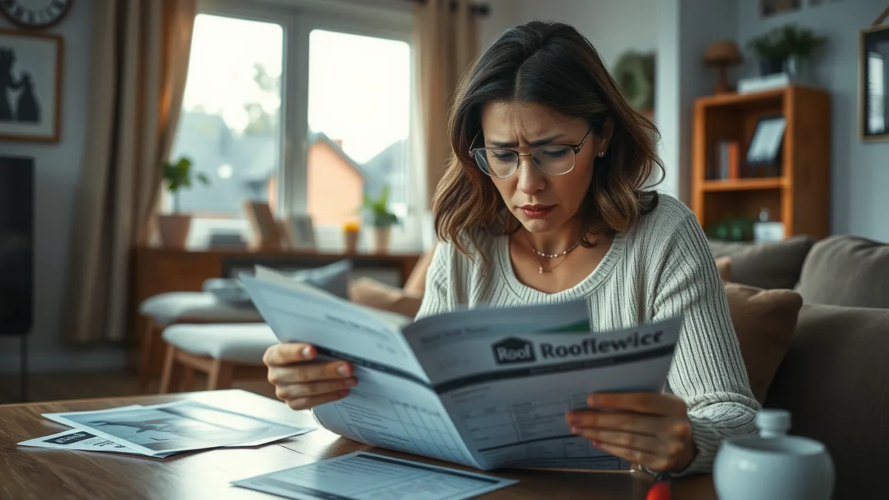 Stressed homeowner concerned about expensive invoice from loving roof repair contractors