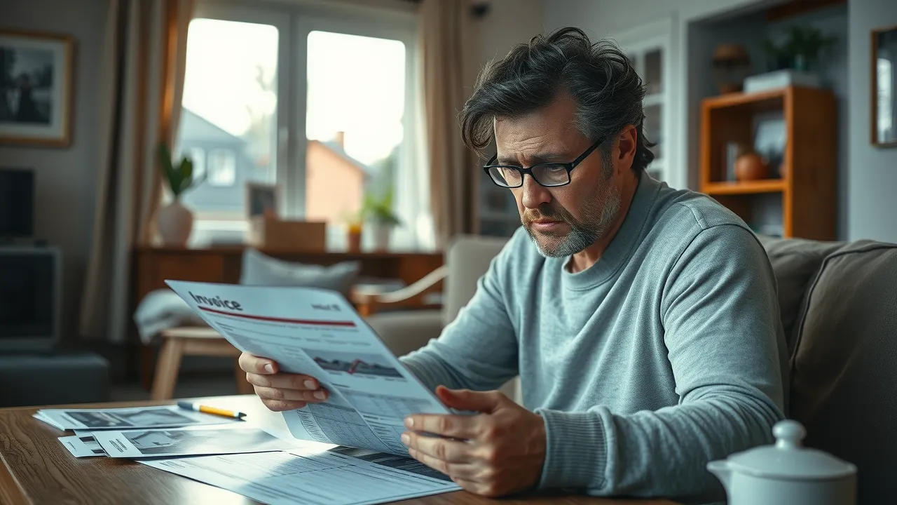 Stressed homeowner concerned about expensive invoice from loving roof repair contractors