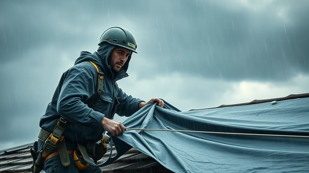 Emergency loving roof repair contractors placing tarp on damaged roof during storm