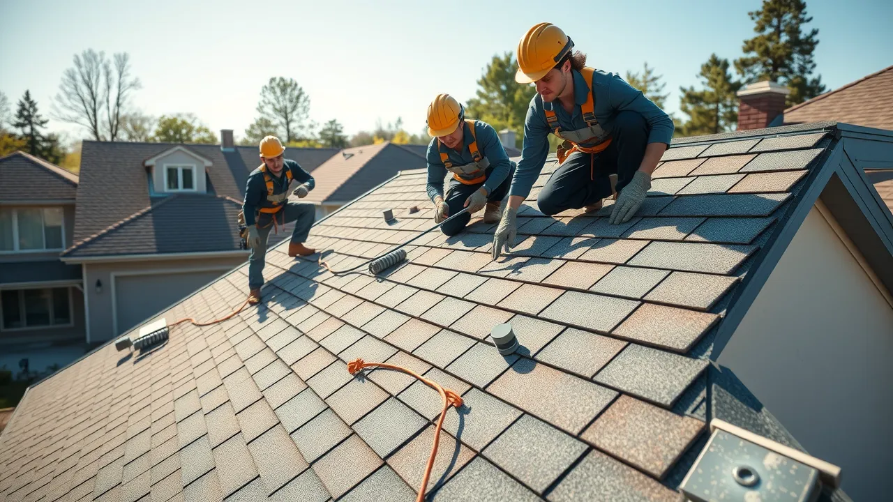 Professional loving roof repair contractors installing new shingles with roofing company expertise
