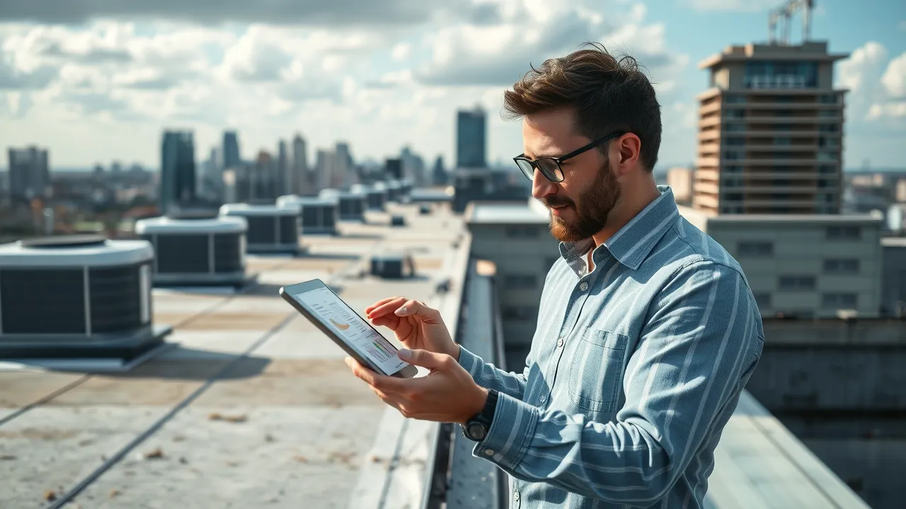 Modern Lovington office building – property manager reviewing commercial roof restoration cost estimates on a tablet, with HVAC units and city background, in sharp detail and true colors.