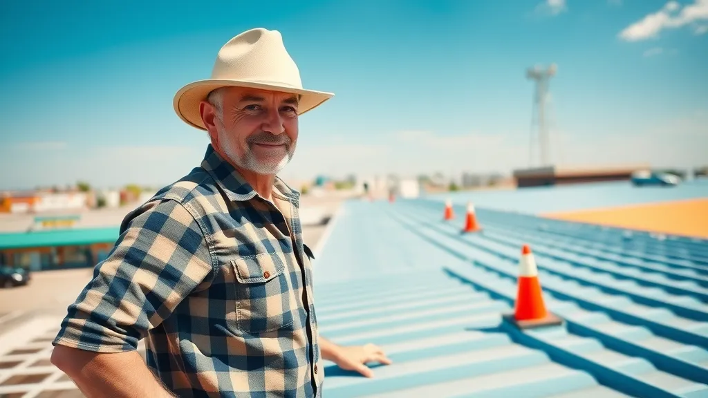 Commercial building roof restoration in Lovington, West Texas – confident owner reviewing the rooftop under blue skies, with realistic textures, safety cones, and natural surroundings.
