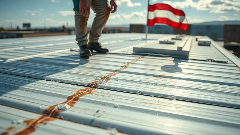 Close-up of commercial rooftop in Lovington – maintenance worker checking rooftop for hail damage and leaks, highlighting metal details, water spots, and precise inspection.