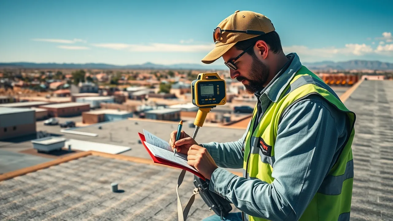 Commercial roof inspection in Lovington – technician taking notes with a laser tool atop a mid-size building, with windblown dust and a desert skyline in the background.