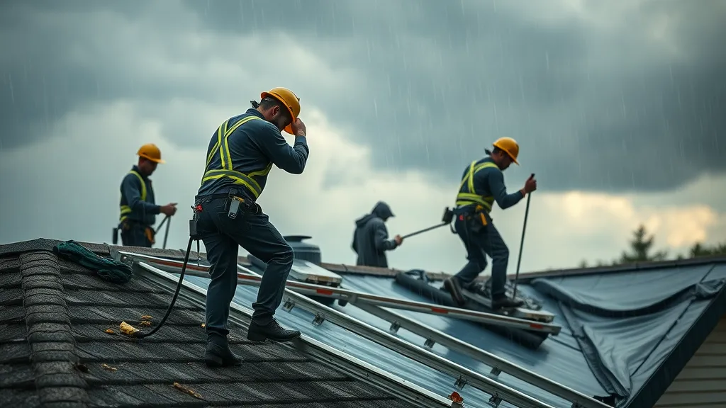 Tatum emergency roof repair—professional roofers in safety gear set up tarps during active rainfall, dramatic storm clouds, photorealistic action on a Tatum home.