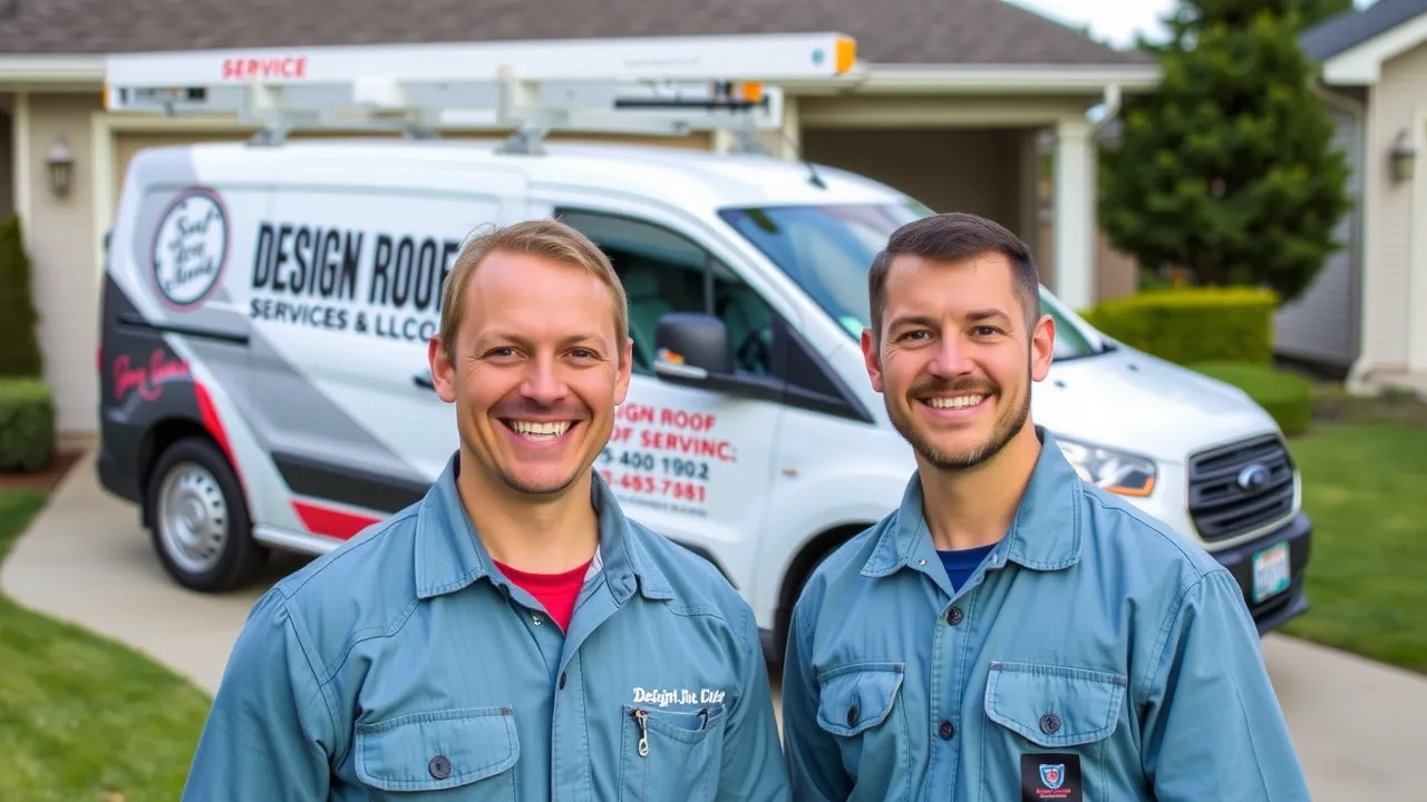 Tatum roof repair—team of certified roofing professionals with safety gear and tools, photorealistic, official van in background, high clarity team photo.