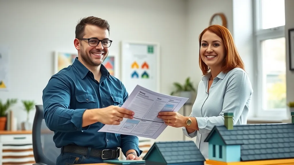 Tatum roofing service—professional roofer with client, reviewing inspection checklist, photorealistic detail in modern office with roofing samples and toolkits.