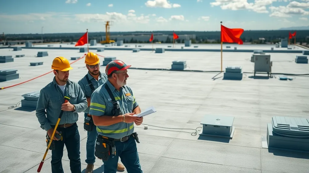Industrial roofing crew inspecting a large flat commercial roof, using inspection tools and clipboards, focused on industrial roof leak prevention