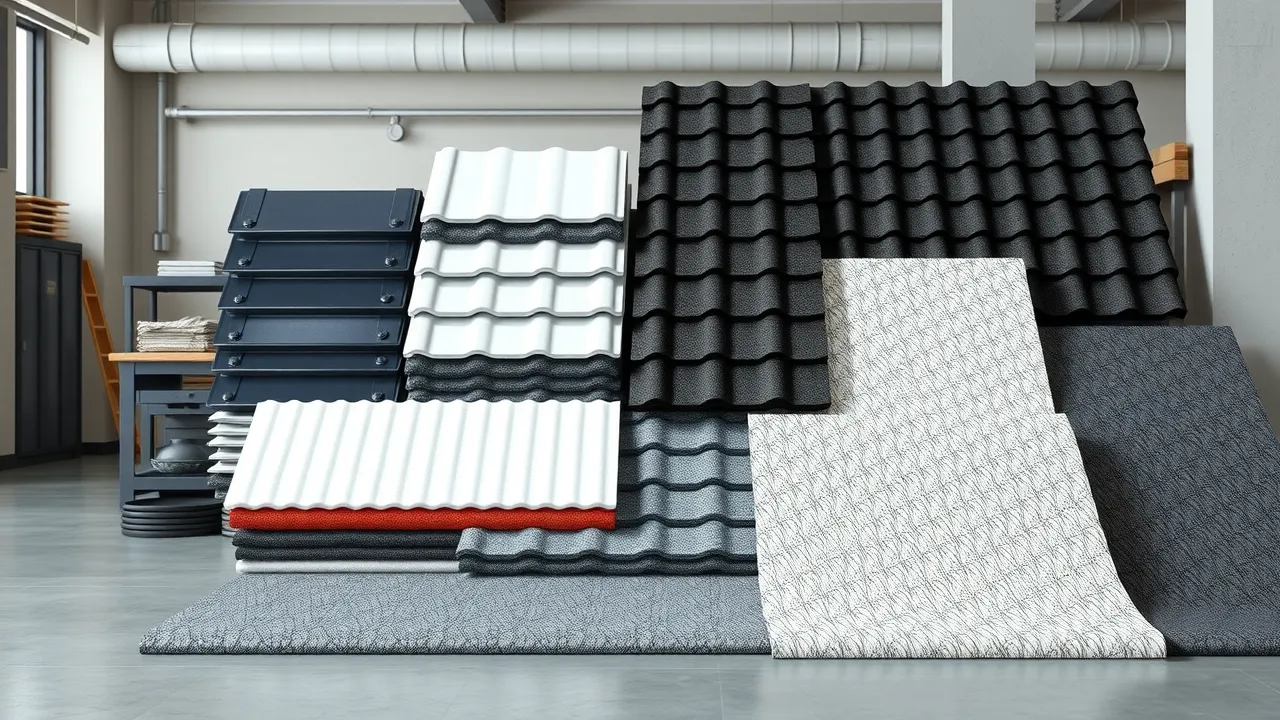 Samples of metal, TPO, EPDM, and modified bitumen roofing materials for industrial roof leak prevention