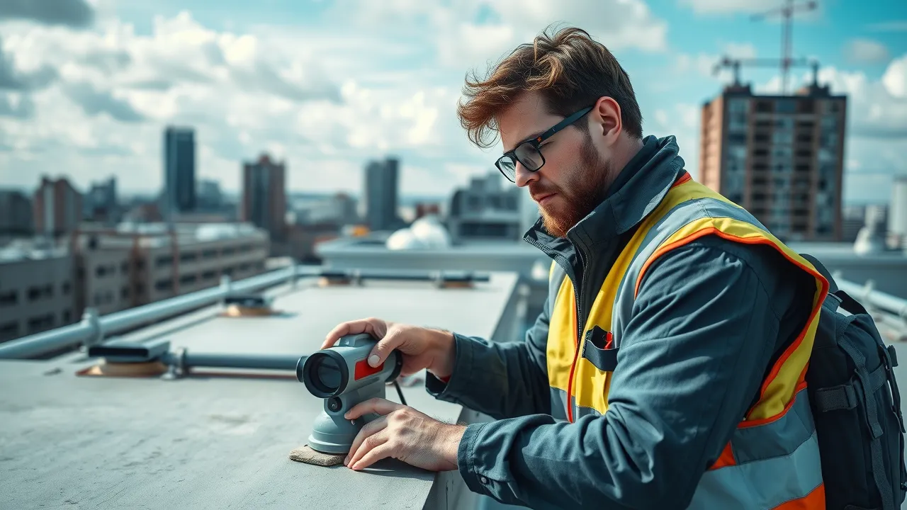 Technician using advanced leak detection equipment for industrial roof leak prevention on a commercial rooftop