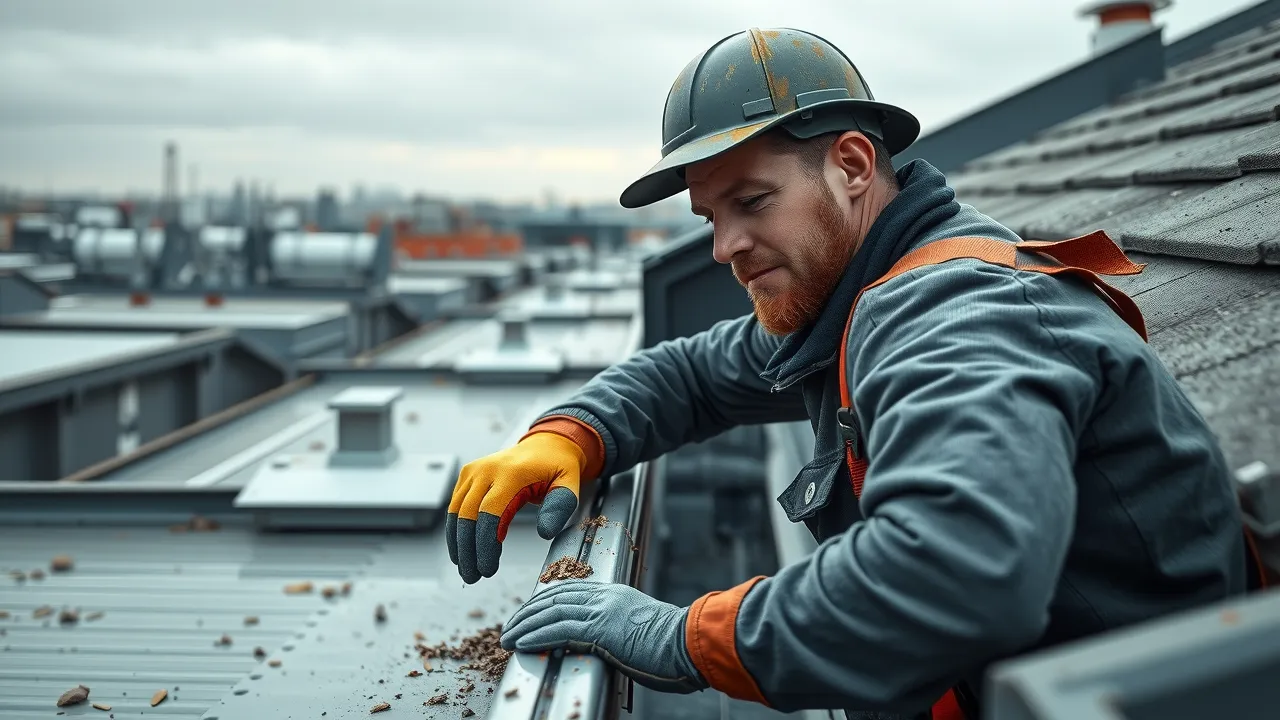 Maintenance worker cleaning industrial roof gutters as part of industrial roof leak prevention and maintenance plan