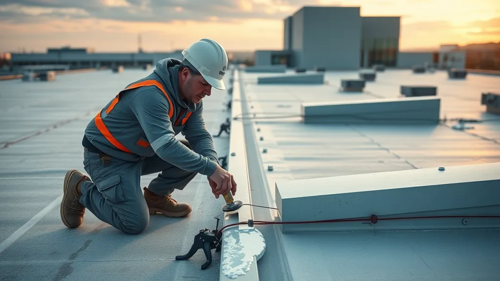 Commercial roofer applying waterproof sealant to roof seam for industrial roof leak prevention