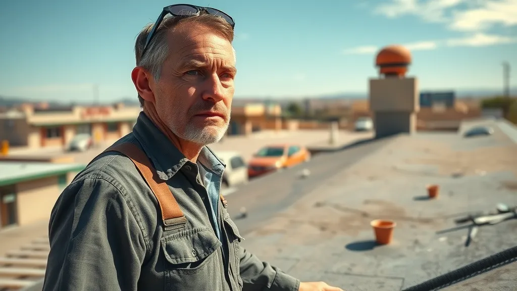 commercial roofing problems carlsbad new mexico: Concerned property manager inspects a commercial roof for wear and minor damage in sunny Carlsbad, with maintenance tools and distant mountains visible.