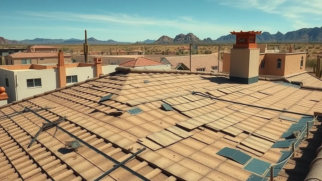 Roof damage caused by wind and sun in Carlsbad, NM: visible cracks, faded shingles, pooling water—arid desert backdrop, photorealistic.